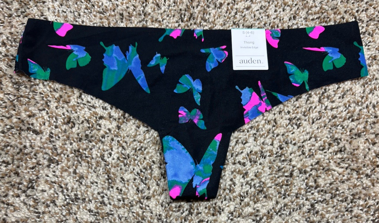 Auden Black/Multi-Color Invisible Edge Thong w/ Butterflies. Size: S (4-6).