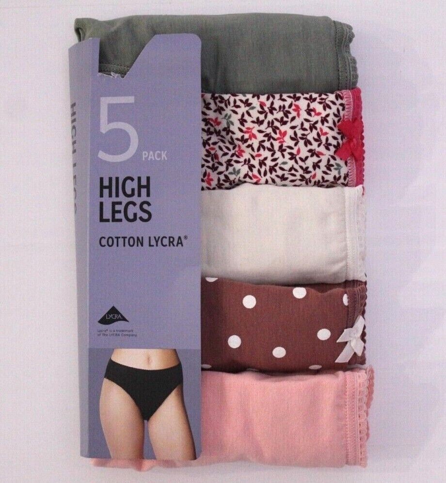 Ex M & S Ladies 5 Pack Cotton Lycra High Legs Briefs Knickers ~ Sizes 10 to 22