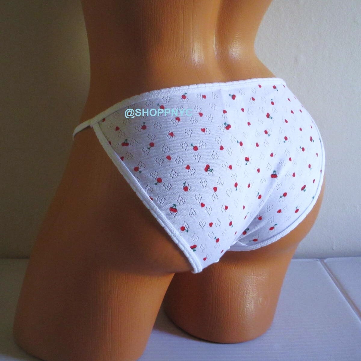 Victoria Secret PINK 100% Cotton String Bikini Panty White Red Cherry Hearts nwt