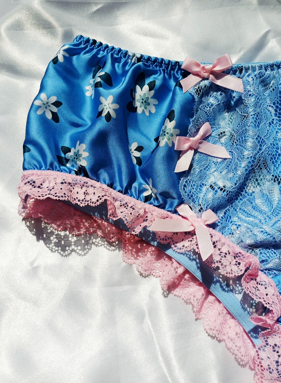 Cute Blue Floral Retro Style Silky Satin Hipster Sissy Panties Knickers XL UK 16