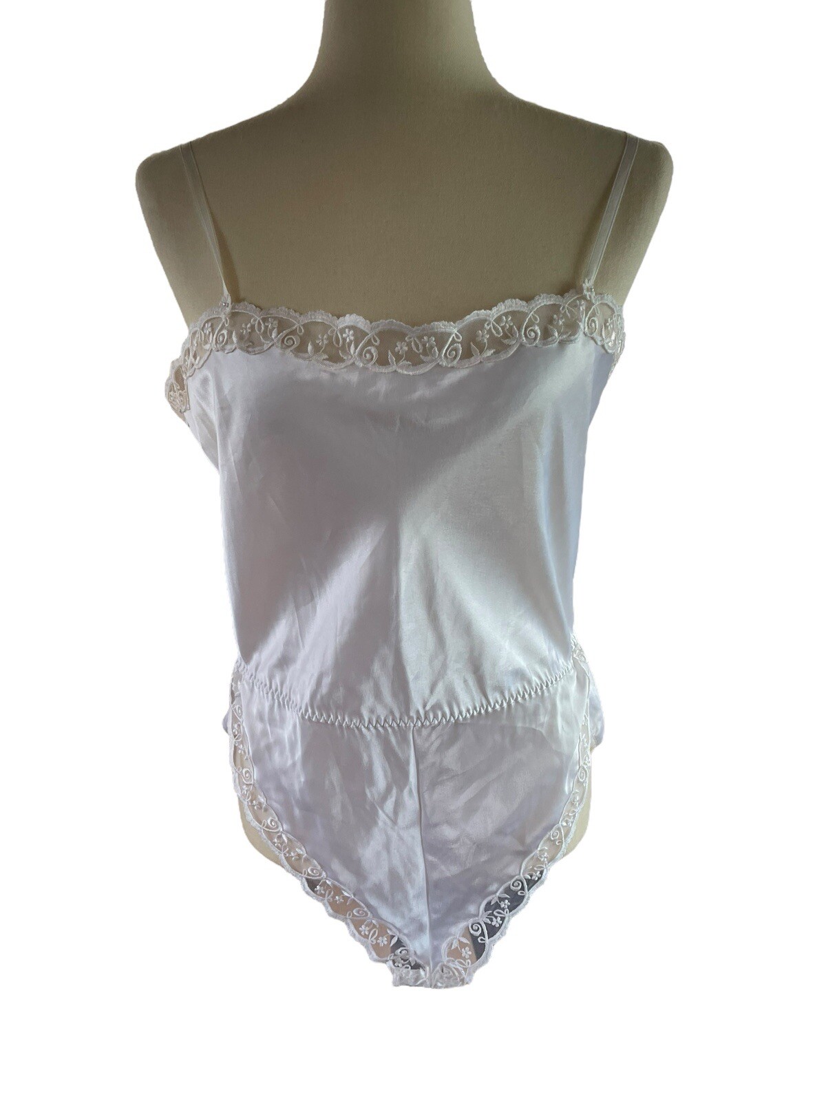 Vintage Prima French Bodysuit Lingerie Lace White Silky Size M Snap Crotch