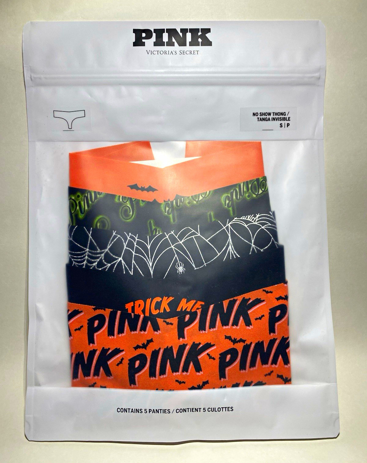 PINK No Show Thong Panties 5 Pack S Multicolor Halloween Logo