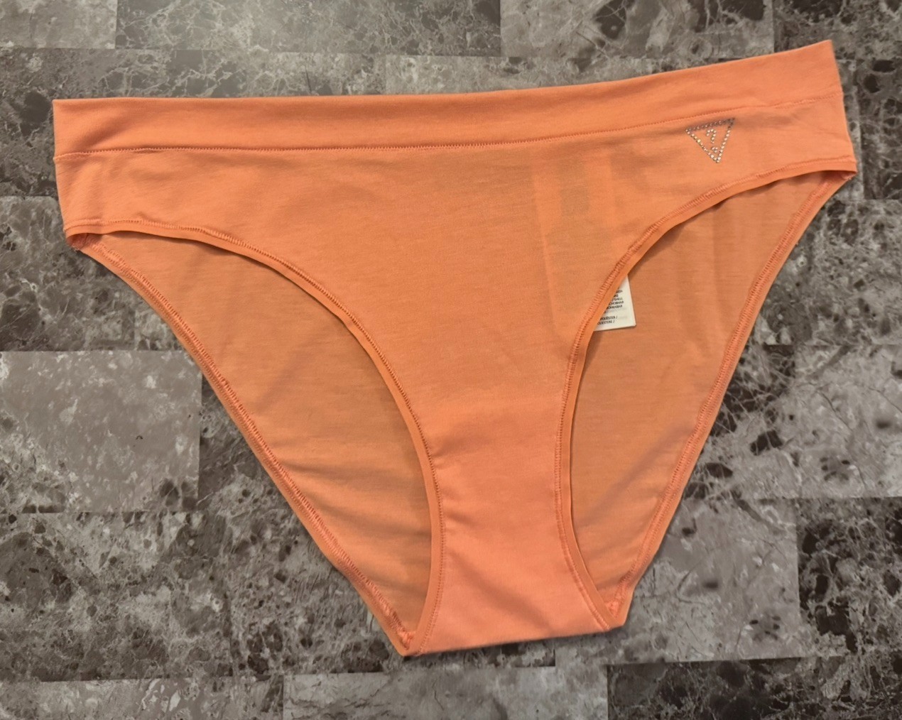 NWOT GUESS XL PEACH ORANGE THIN MATERIAL SILVER RHINESTONE LOGO BRIEF PANTIES