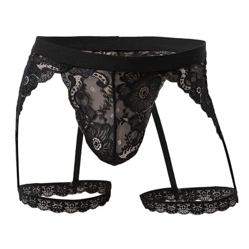 Mens Sissy Thongs Underwear Sexy Lace Panties Boxer Briefs Sheer Medium Black