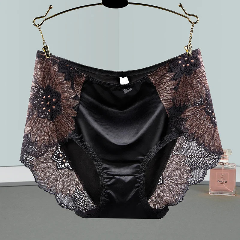 Floral Embroidery Briefs Mid Rise Satin Feel Breathable Panties Women Soft