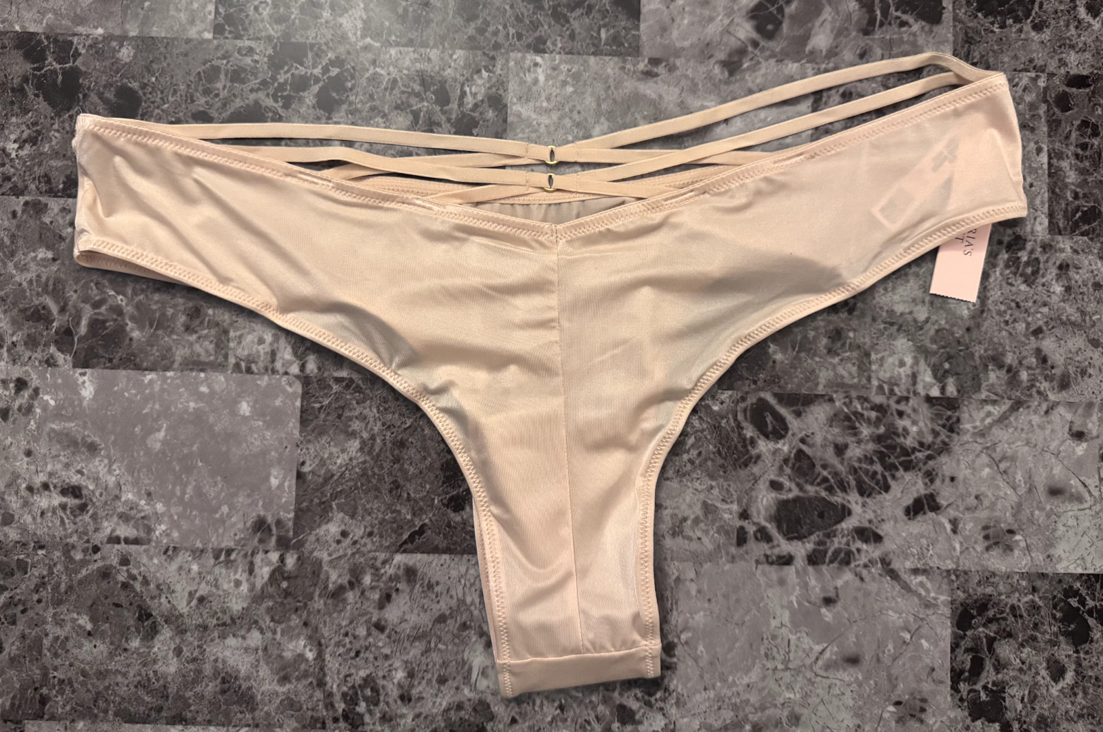 NWT VICTORIA’S SECRET BEIGE NUDE SATIN SMOOTH STRAPPY BACK TANGA CHEEKY PANTIES