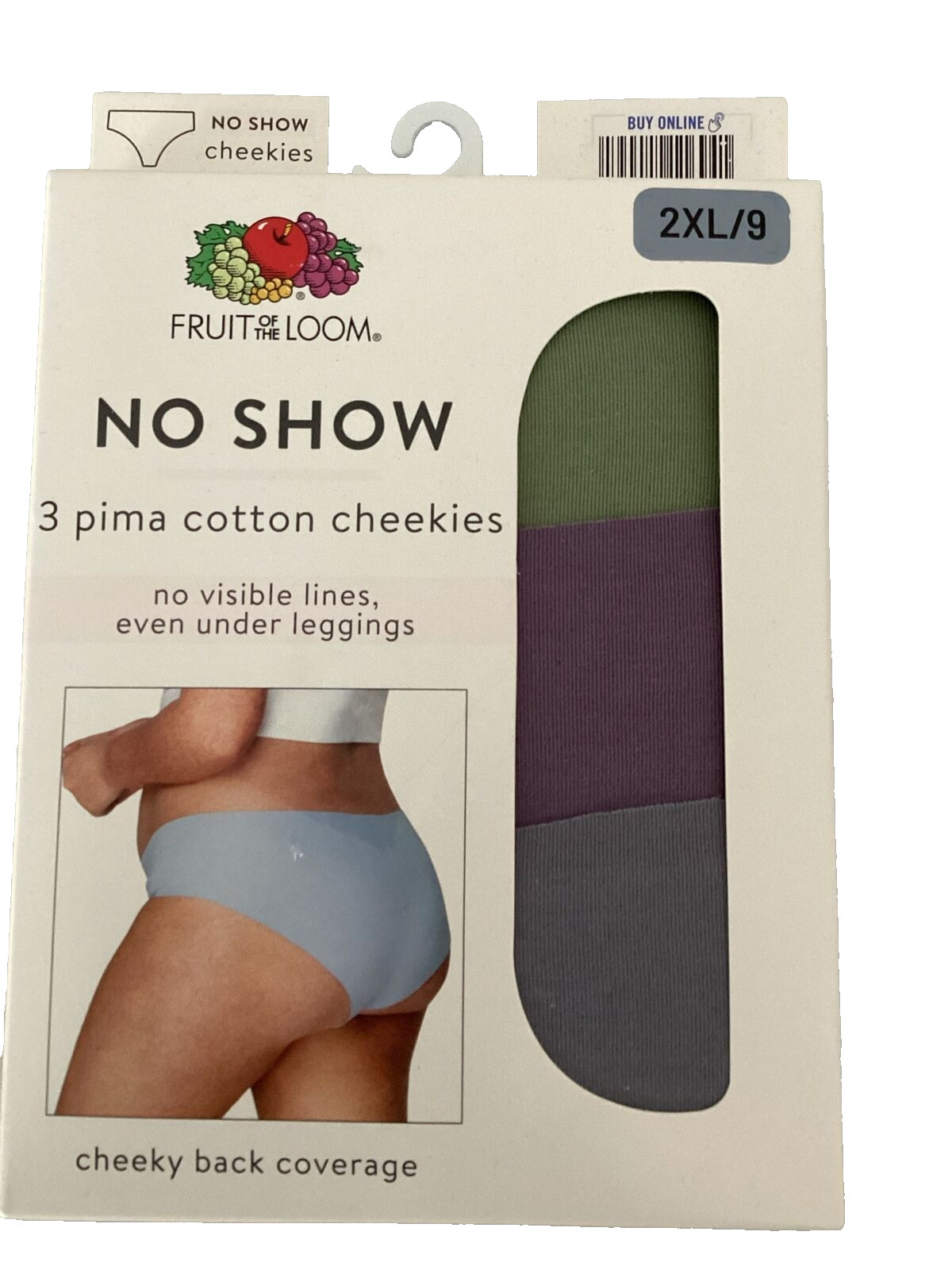 FRUIT OF THE LOOM 3-Pair NO SHOW PIMA COTTON CHEEKIES Panties Sz. 2XL/9*