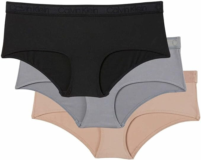 NiB Women’s Calvin Klein 3-Pack Hipster Panties Charcoal Tan Black Size L 3HL281