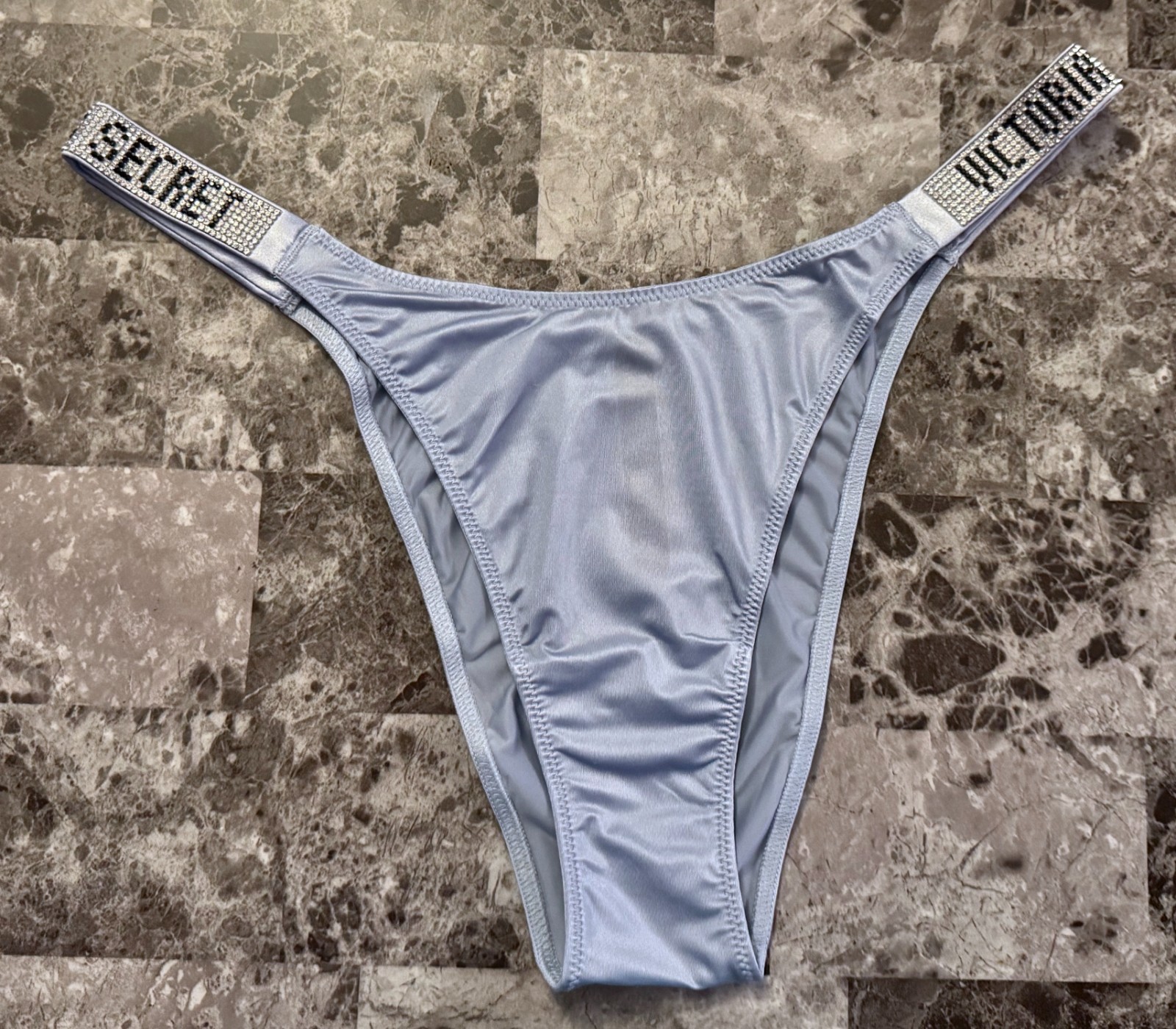VICTORIA’S SECRET BLUE SATIN SMOOTH RHINESTONE SHINE STRAP BRAZILIAN PANTIES