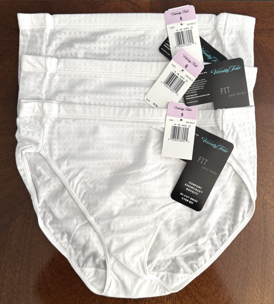 NEW 3 Pair VANITY FAIR Comfort Essentials HI CUT BRIEFS All White Size 6
