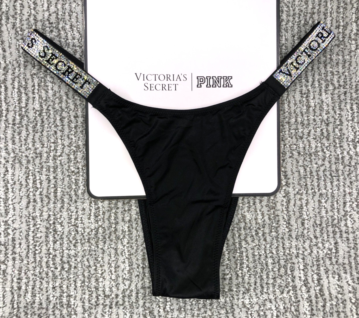 Victoria’s Secret Very Sexy NWT Large Black Spellout Shine Strap Brazilian Panty