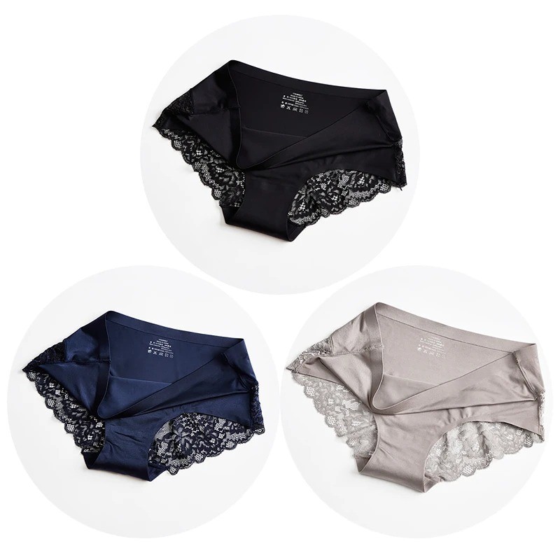 3PCS Women Lace Satin Panties Set Sexy Breathable Underwear Plus Size Soft Brief