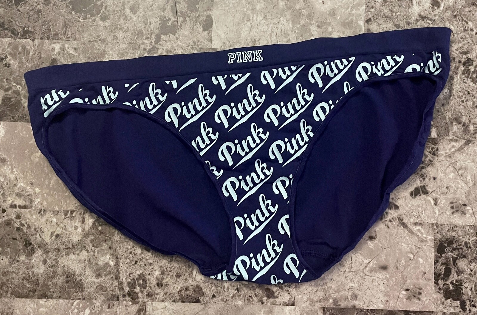NWT VICTORIA’S SECRET PINK L NAVY BLUE AQUA LOGO SEAMLESS RARE BIKINI PANTIES