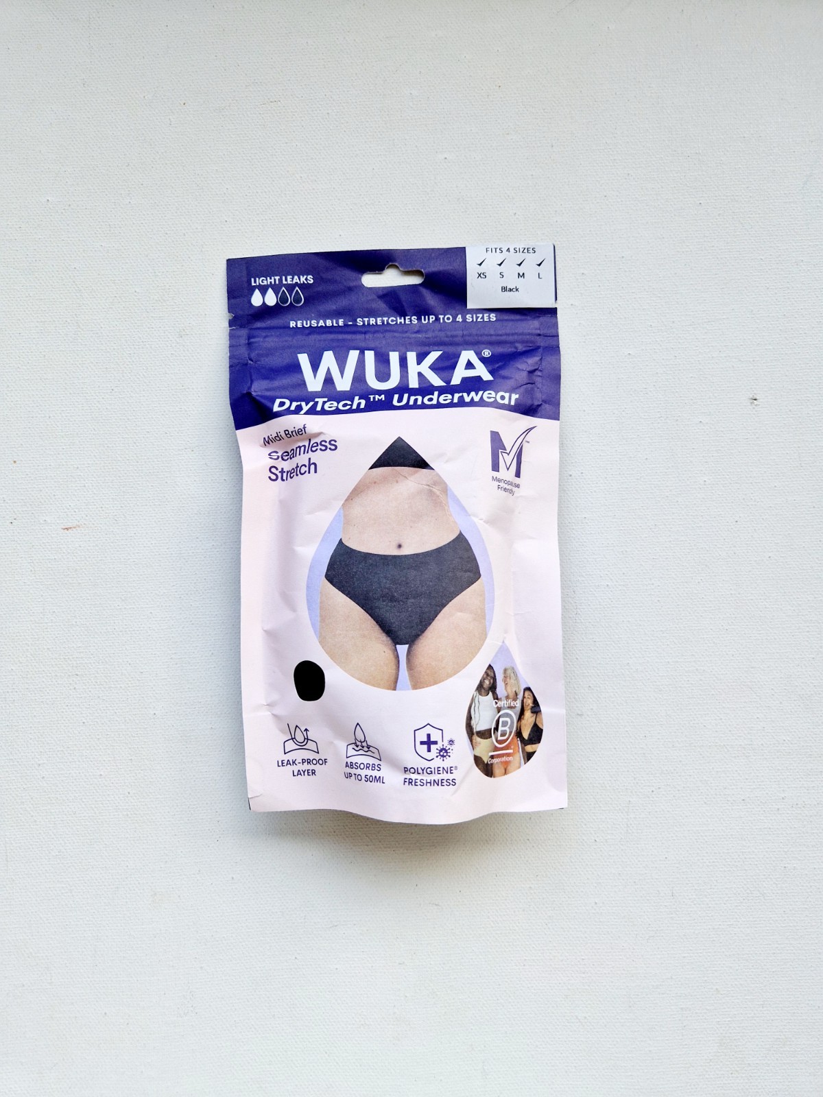 WUKA Ladies Stretch Seamless Period Pants Midi Brief Black Size 1, fits UK 6-14