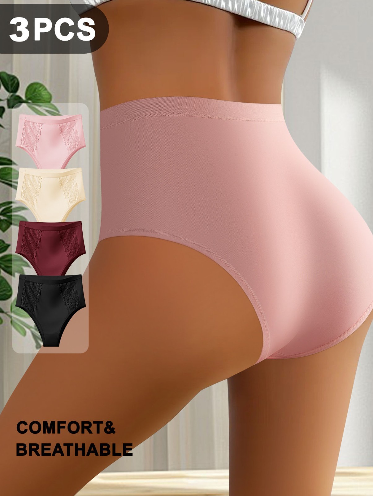 3 Pack High Waist Lace Thong Panties – Milk Silk Breathable Cotton Gusset S-2XL