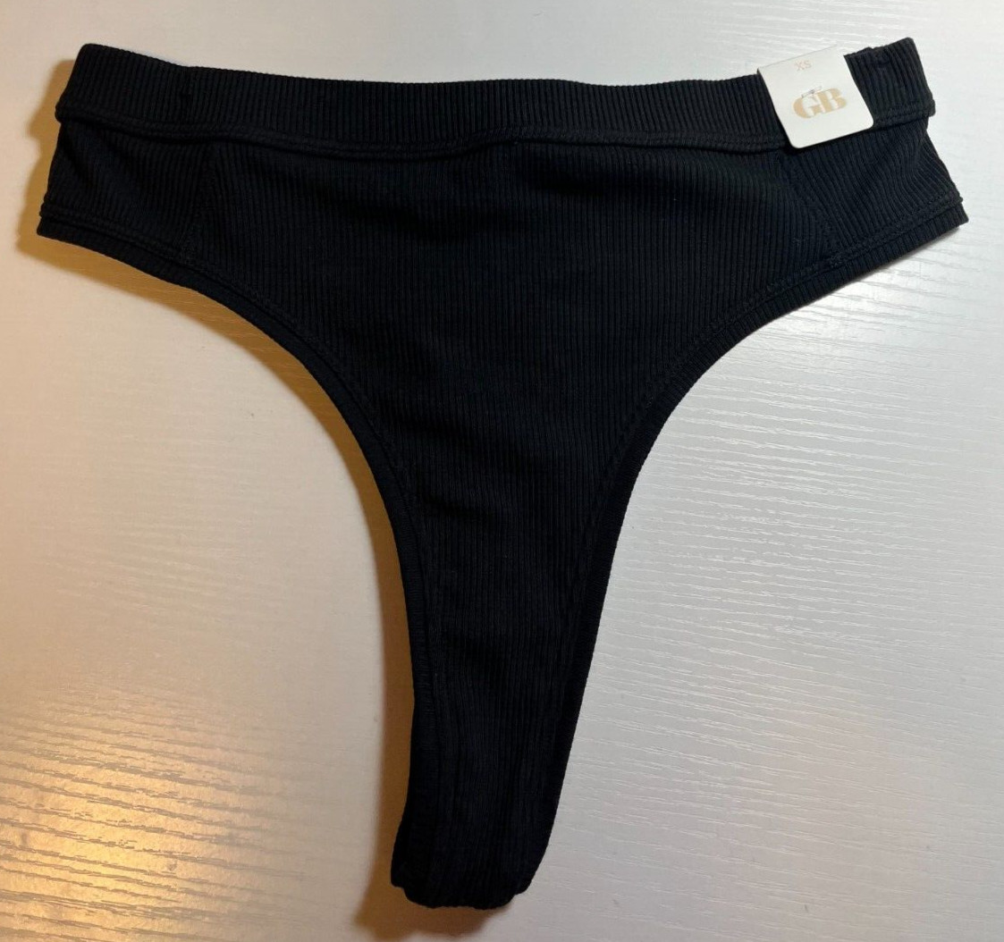 GB GB-TH001 Juniors Ribbed Cotton-Blend Thong Panty, Black Size XS