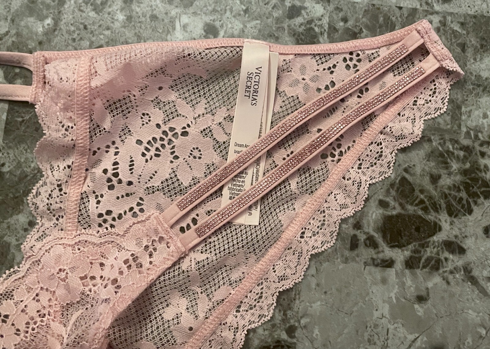 VICTORIA’S SECRET PINK ROSE APPLIQUE LACE SHINE STRAP STRAPPY BRAZILIAN PANTIES