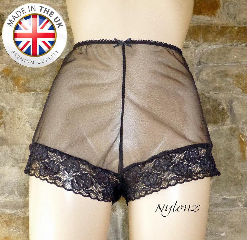 NYLONZ Sheer 100% Nylon FRENCH KNICKERS Panties BLACK Vintage Style Made In UK