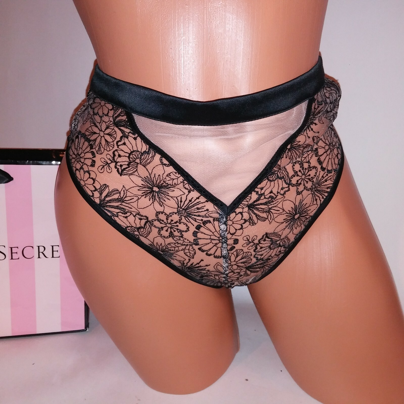 Victoria Secret Panty Small Embroidered Lace High Waist Thong Black Sheer New