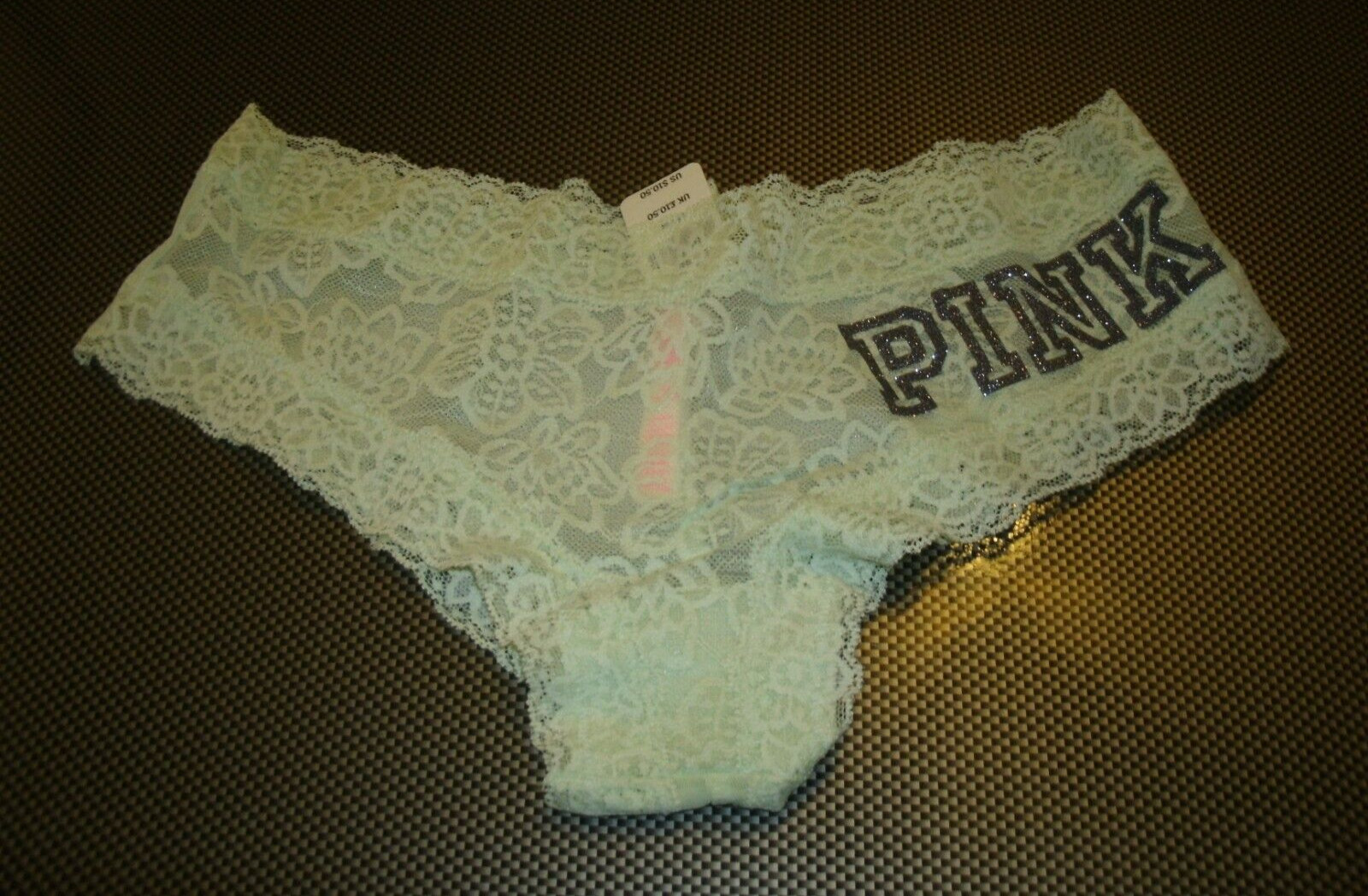 Victoria’s Secret Pink Cheekster / Tanga Light Green Black Glitter Logo M New
