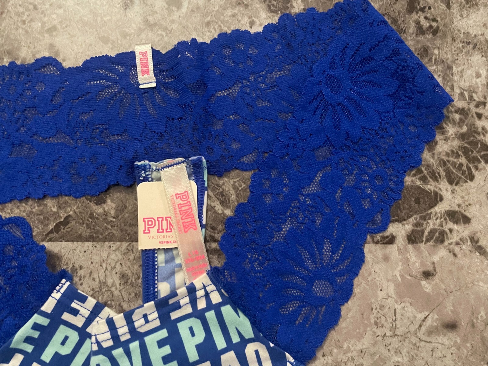 NWT VICTORIA’S SECRET PINK L SOFT BLUE AQUA LOGO FLORAL LACE RARE THONG PANTIES