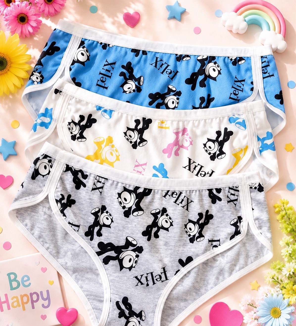 Women’s Teen Felix the Cat Blue Gray Bikini Kawaii Panties Cartoon 3pk Medium
