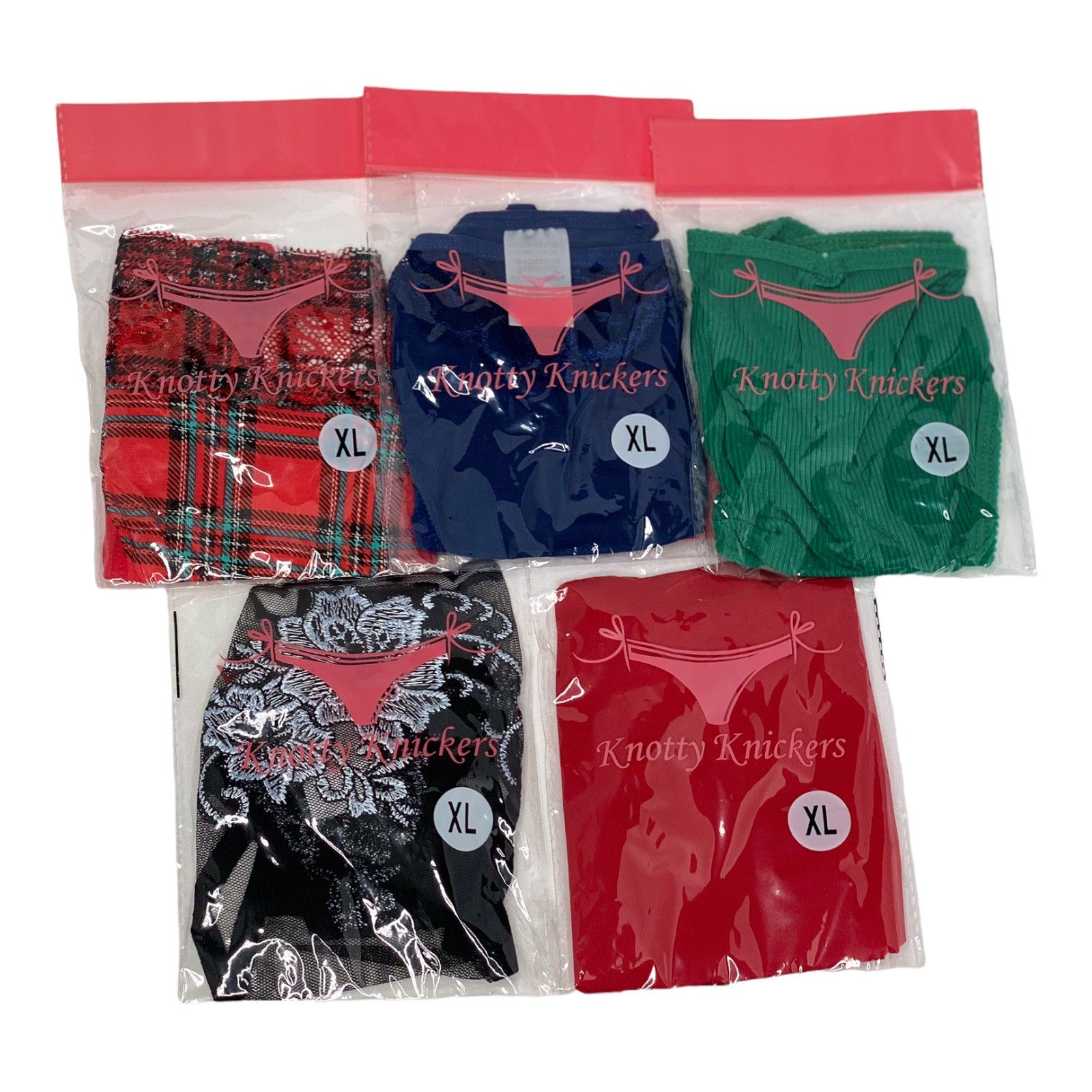 Knotty Knickers XL Thong G-String Lingerie Bundle 5 Pack Plaid Lace Mesh Ribbed