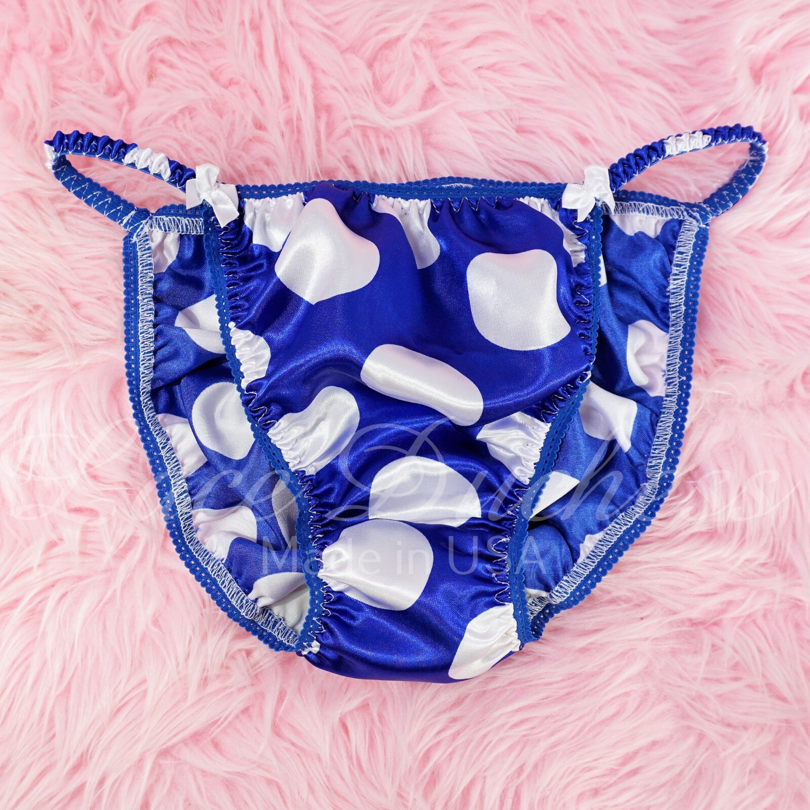 Blue Dot Satin Sissy DUCHESS CUT ladies or men’s COUPLES string bikini panties