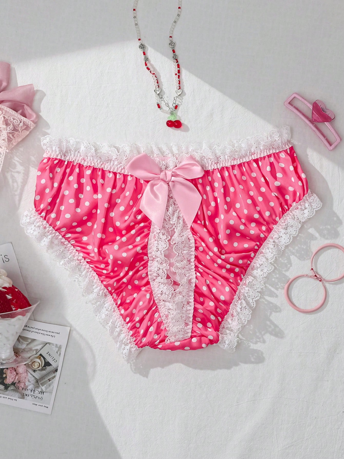 Sissy Polka Dot Pink Open Back Backless Satin Bowknot Lingerie Brief Panty