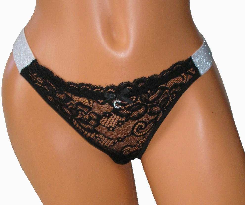 Panties Lingerie Shimmer Straps Rhinestone Accent Black Lace Thong, Small