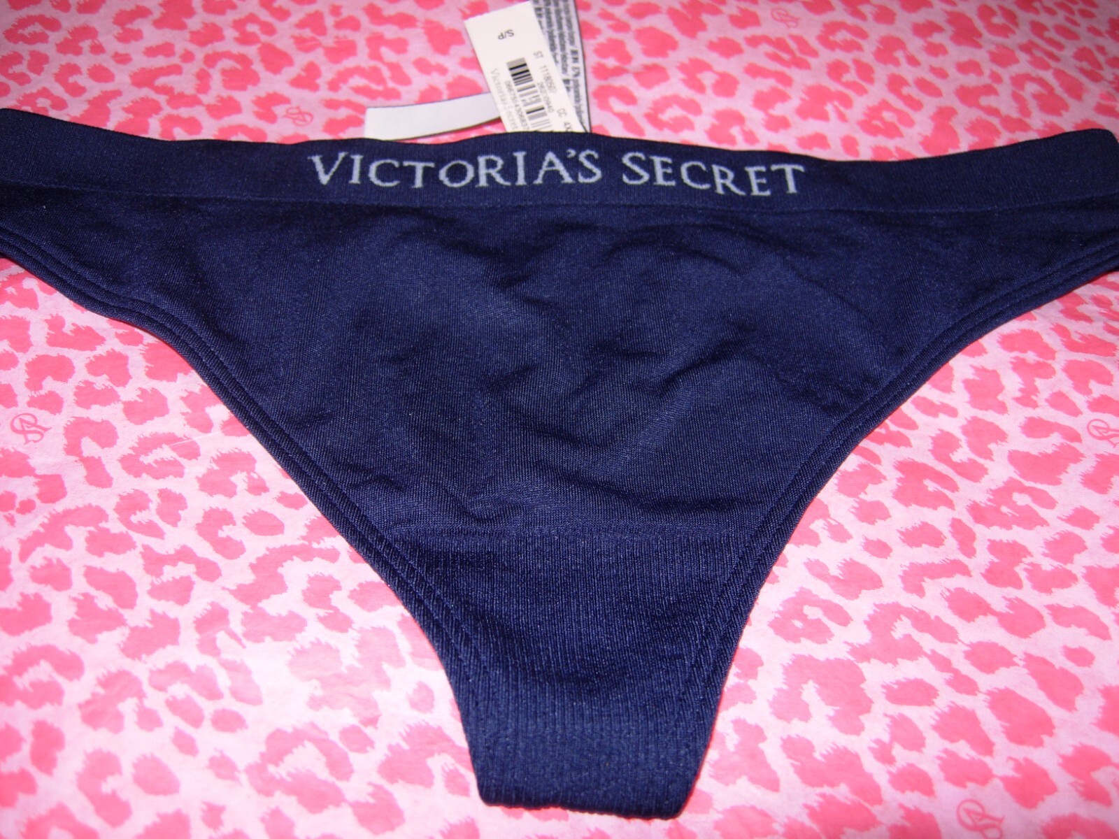 Victorias Secret Sexy Seamless Stretch Lingerie Thong Pantie Logo Navy Blue NWT