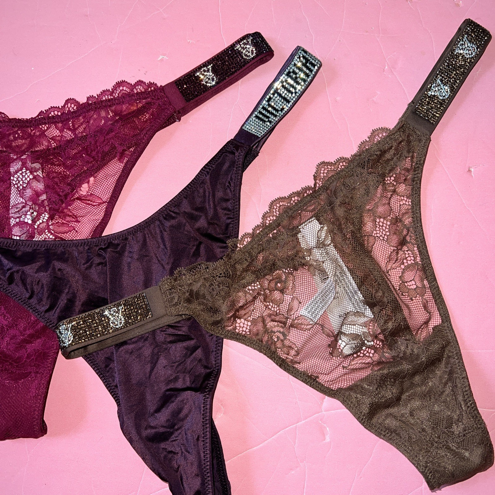 Victoria’s Secret XL THONG PANTY LOT Pink RED Green Black Brown LACE SHINE STRAP