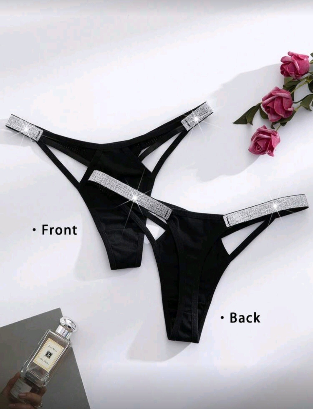 Women’s Sexy Thong Panty M Black Rhinestone Strappy