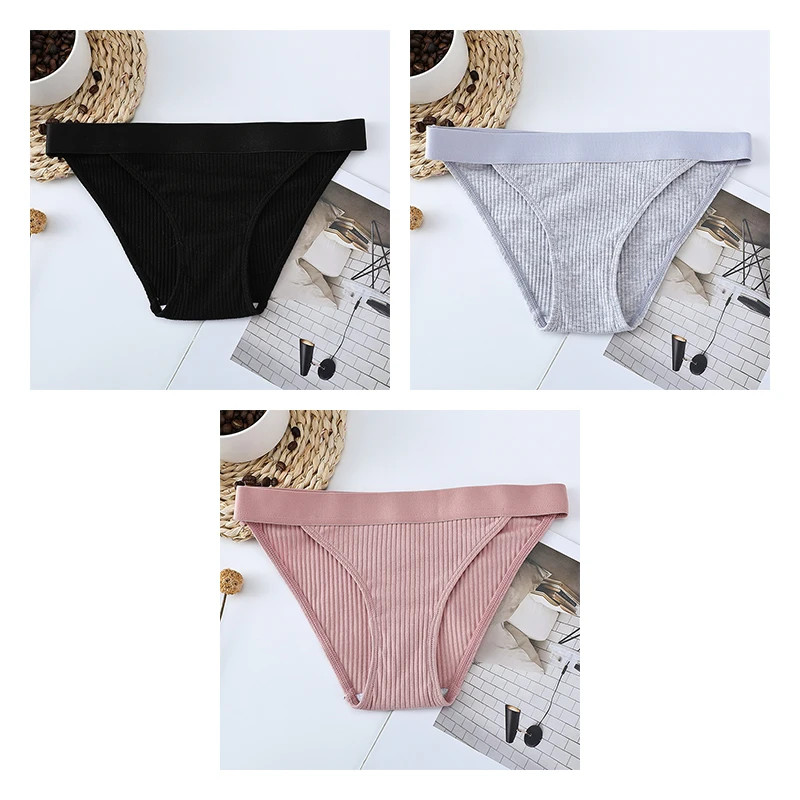 Mid Rise Brief Panties Striped Stretch Comfortable Breathable Underwear 3PCS