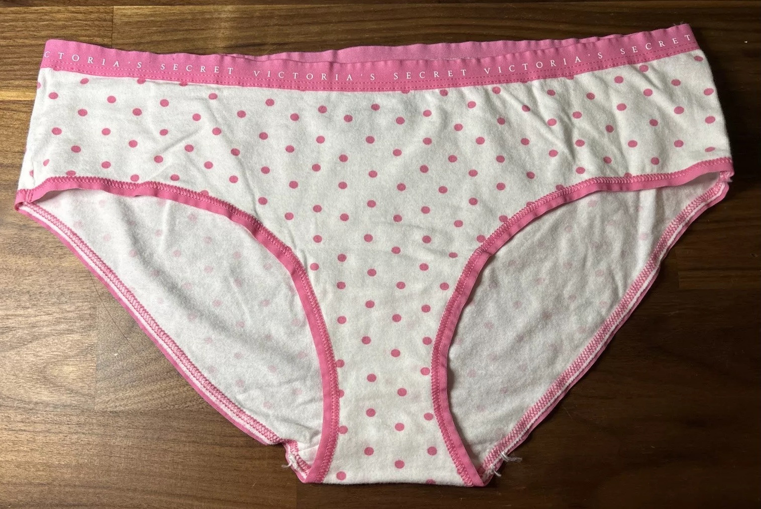 Victoria’s Secret Bikini L Cotton Model Pink White Polka Dot Logo Band