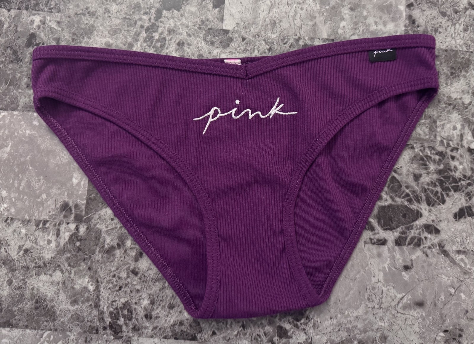 NWT VICTORIA’S SECRET PINK S PURPLE EMBROIDERED LOGO RIBBED KNIT BIKINI PANTIES