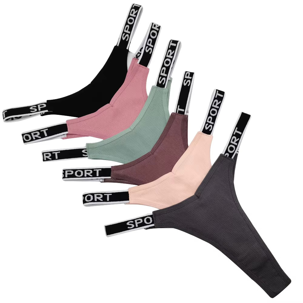 6 Pack M L XL Women Ribbed Cotton Sport Thong Panties V Shape G-String Underwear