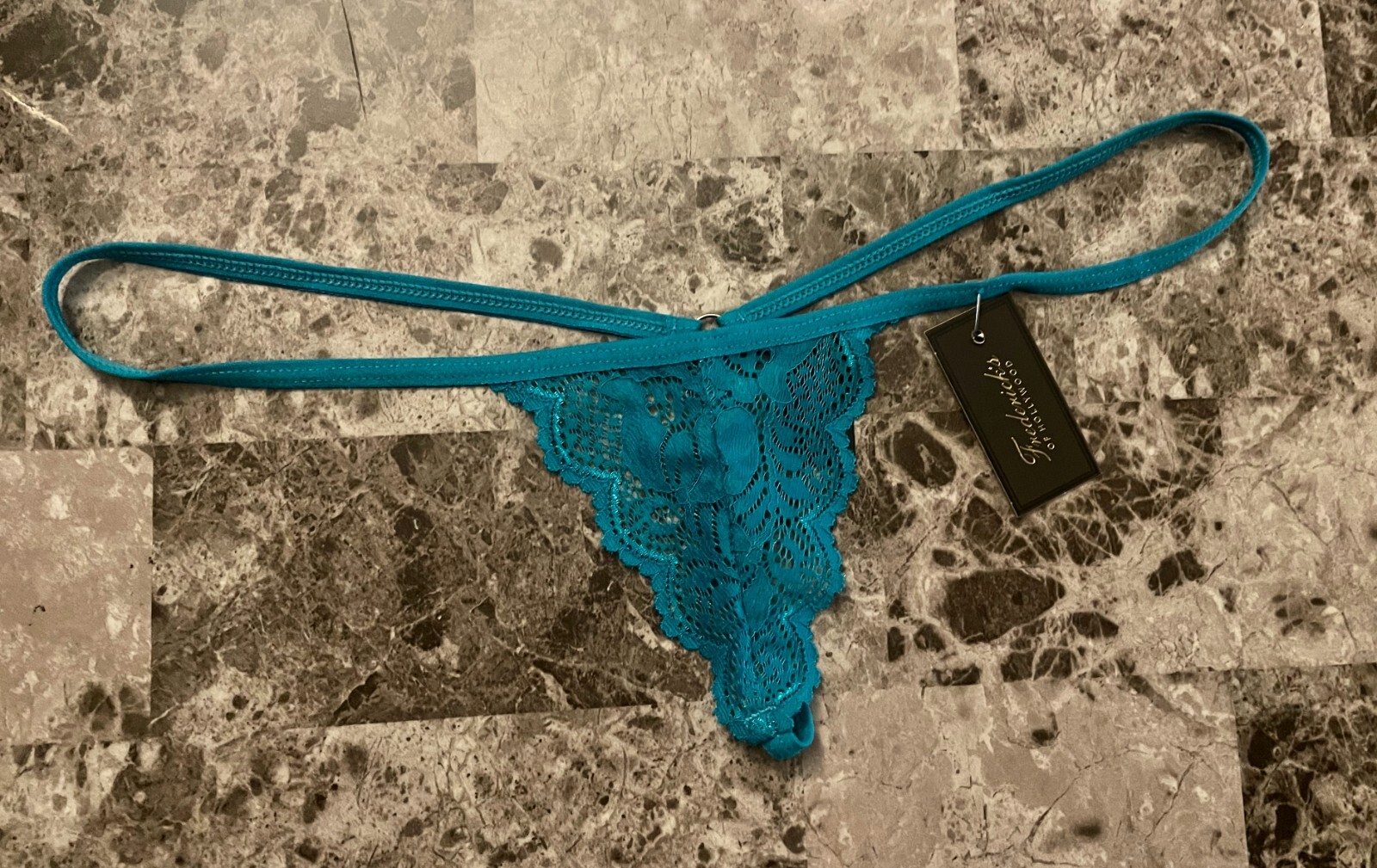 NWT FREDERICK’S OF HOLLYWOOD TEAL BLUE LACE MINI TINY G V STRING THONG PANTIES