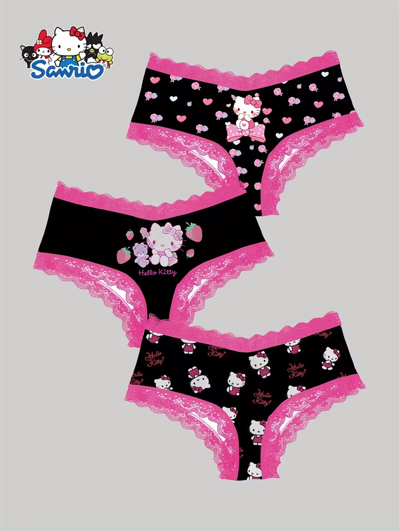 Sanrio Hello Kitty Pink Black Cute Cartoon Lace Kawaii Brief Panties – Pack of 3