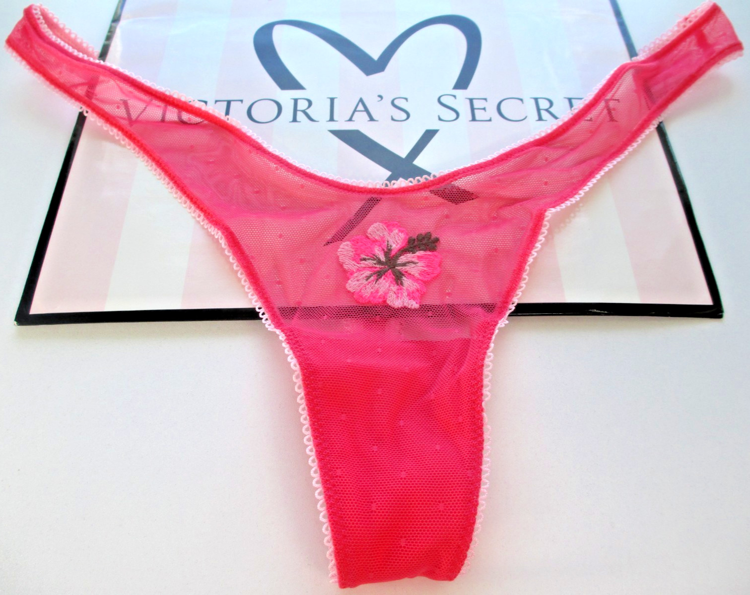 VICTORIA’S SECRET PINK Wink High Leg Thong Panty S M Hibiscus VS Mesh Embroidery
