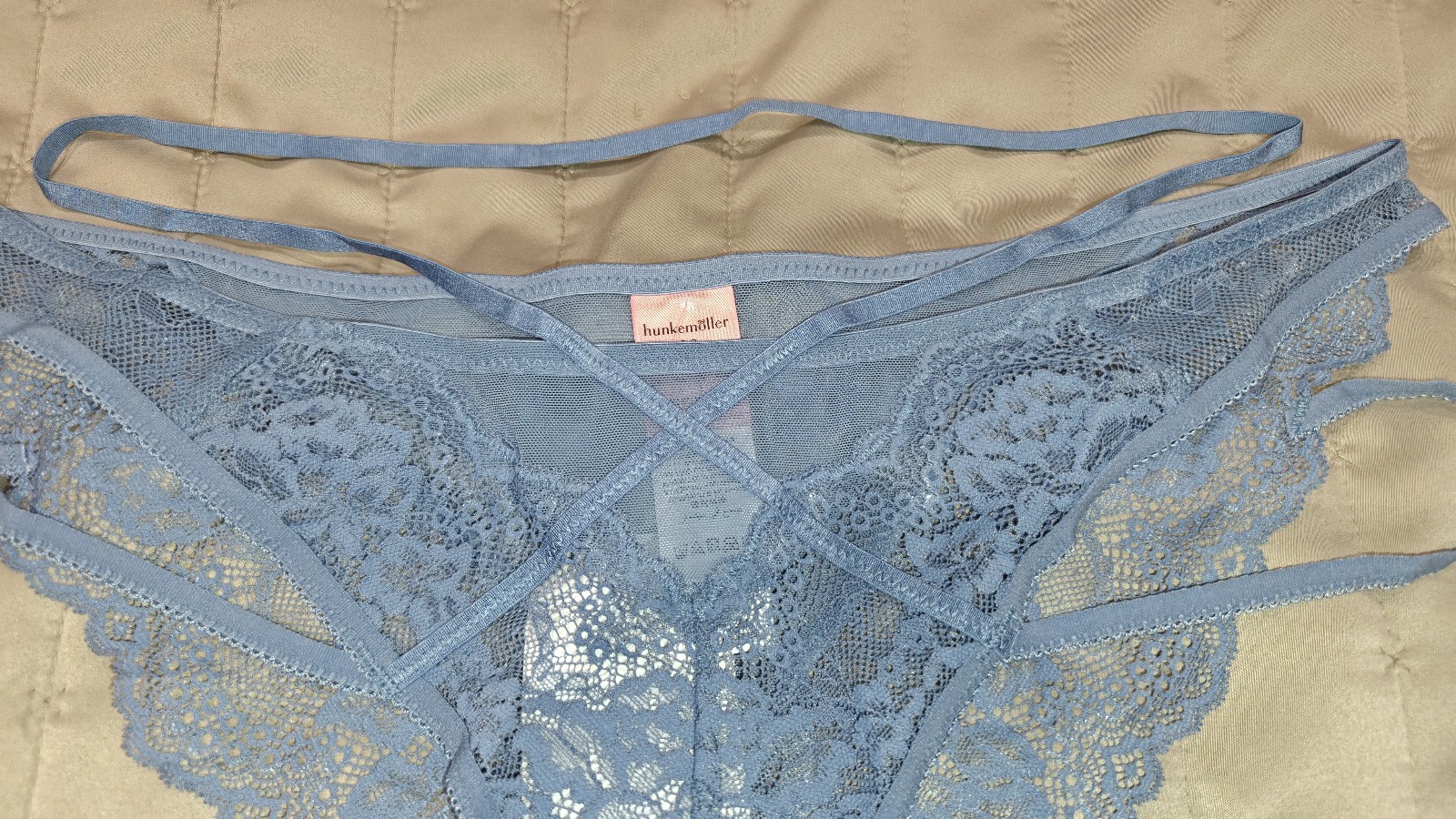 BNWT-HUNKEMOLLER Sheer Lace & Mesh Brazilian Brief – UK 12 – Blue