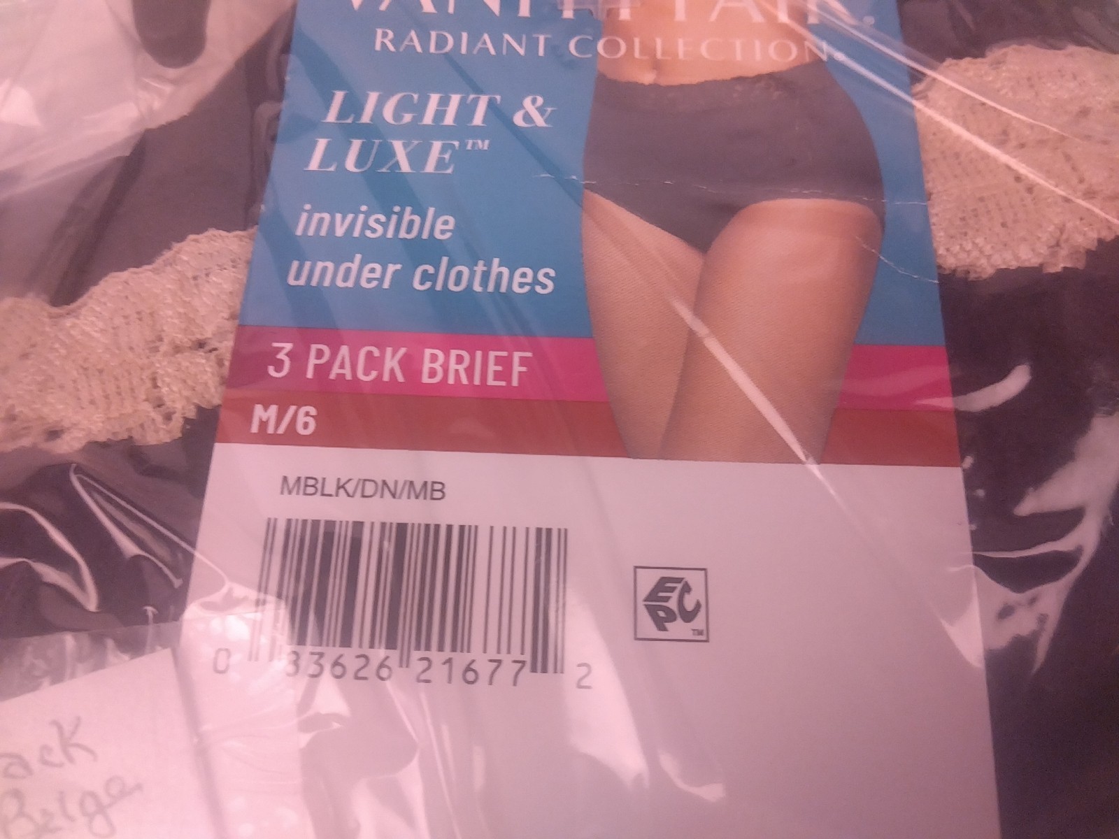 Vanity Fair 3 Pack Black/Beige Light & Luxe Briefs Size M/6 – New. (65)