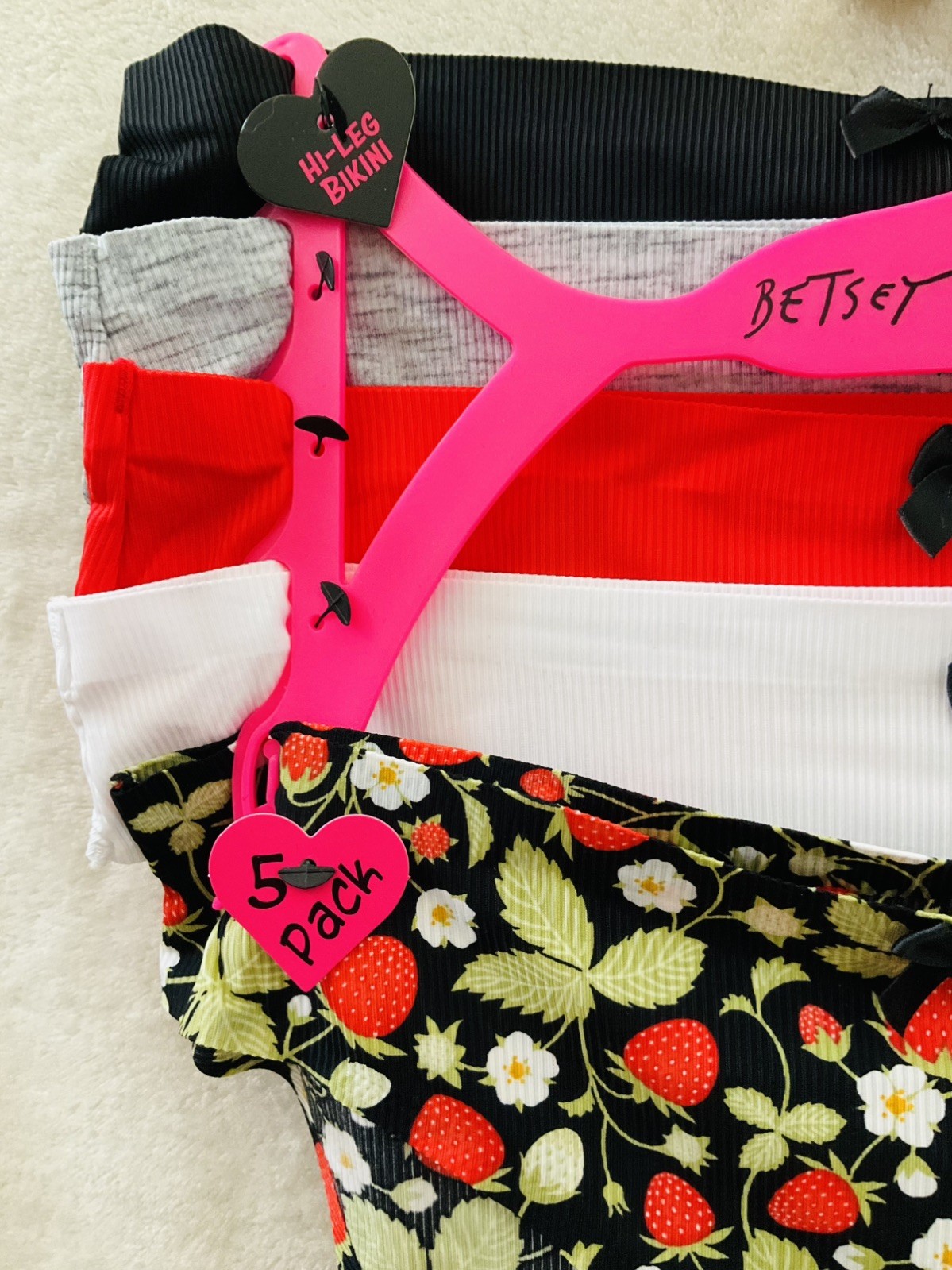 NWT BETSEY JOHNSON 5pc High Leg Bikini Nylon Spandex Panty Strawberry Set XL