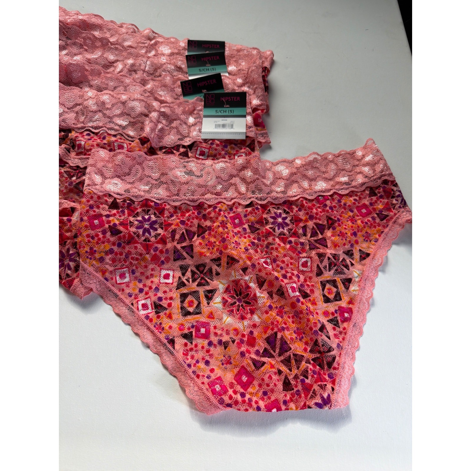 No Boundaries Pink Geometric Floral Lace Waist Hipster Panties Lot of 4 Size S 5