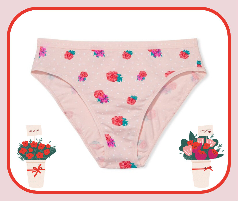 L XL Pink Dot Floral Stretch Cotton Victorias Secret High-Leg Waist Brief Pantie