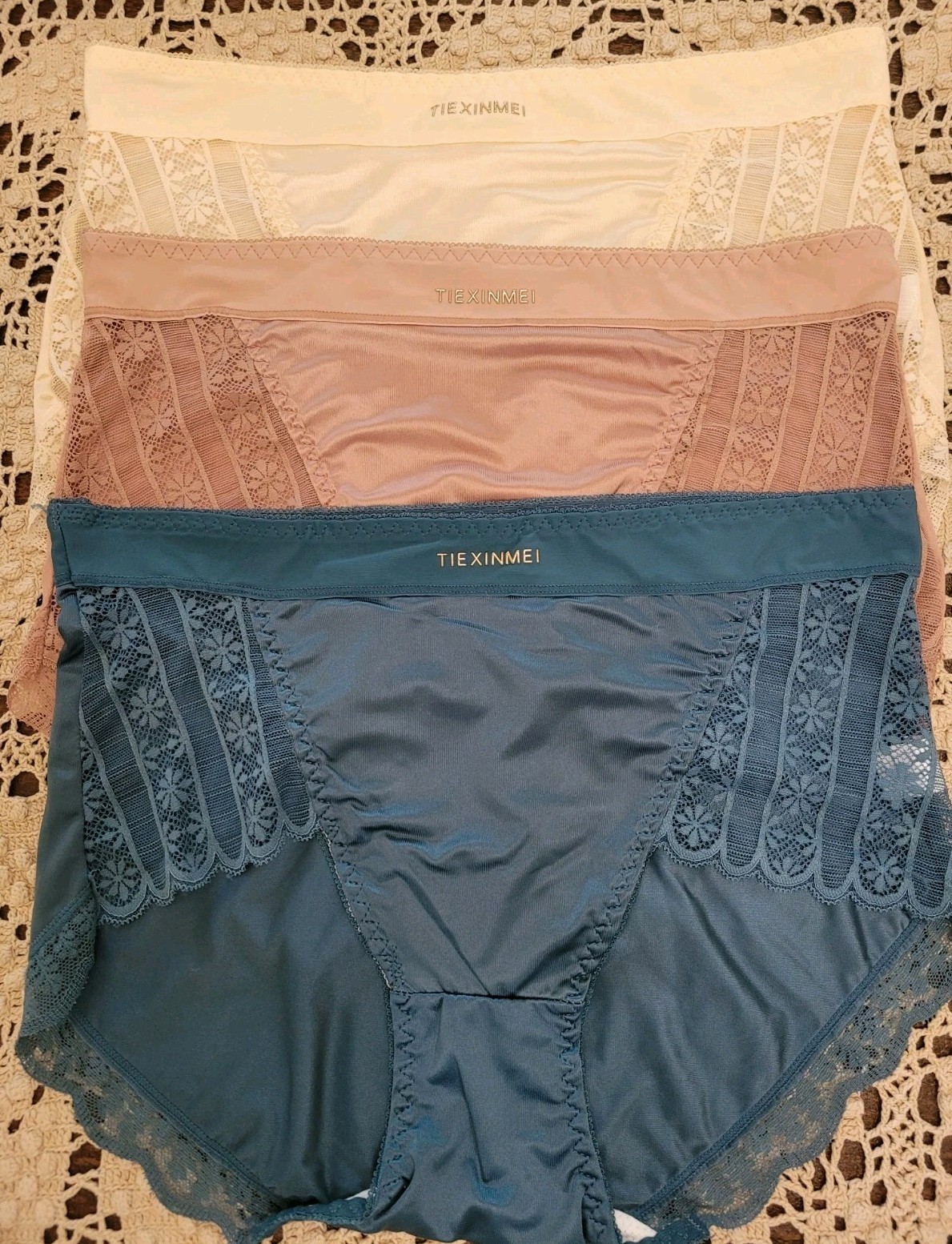 TIEXINMEI Logo Sexy Silky Satin Lace 3 Pr Panties Waist Brief Panties NWOT 12-14