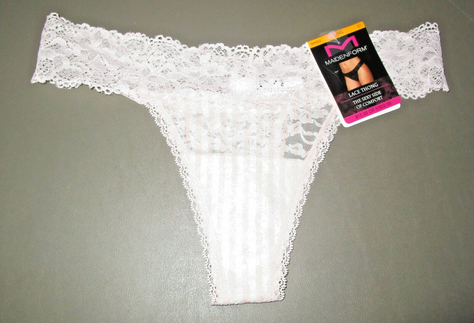 MAIDENFORM~S 5~DMESLT~Pink / Ivory Stripe Sexy Must Haves Floral Lace Thong