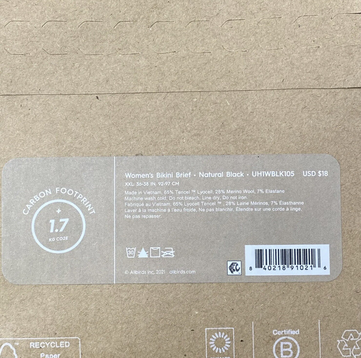 Allbirds Womens Bikini Brief XXL 36-38”Natural Black Trino New Sealed Underwear