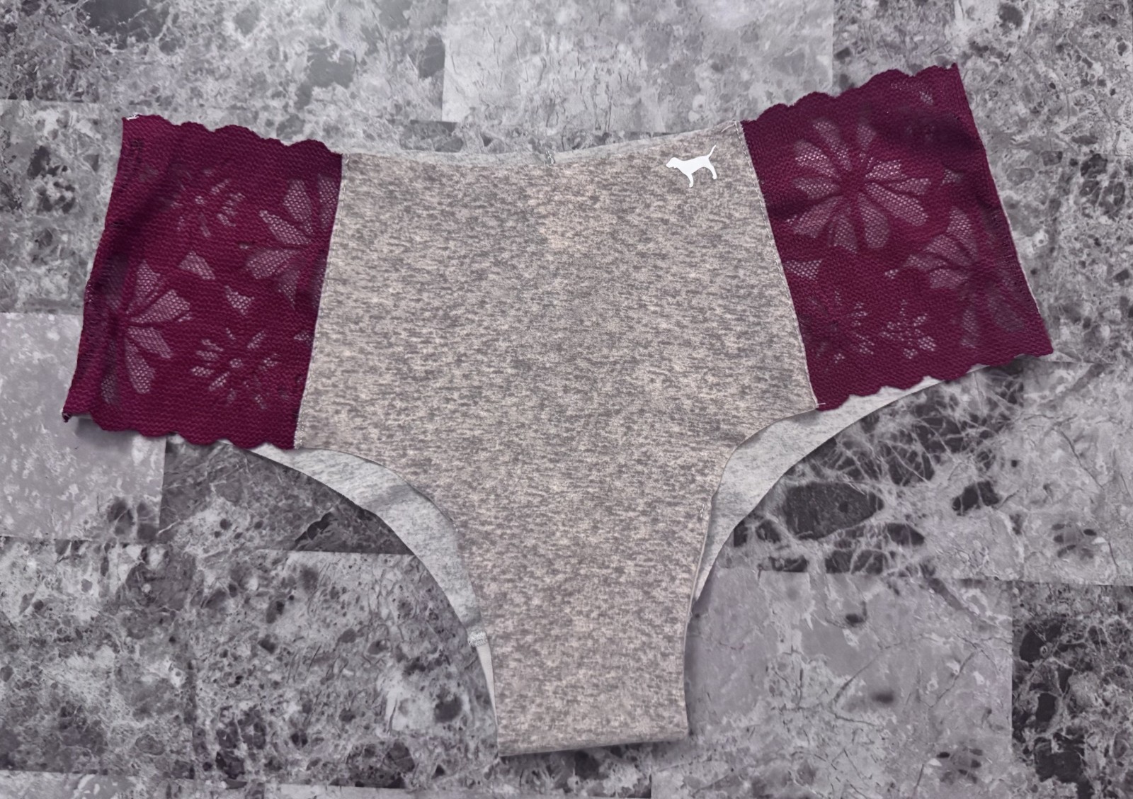 NWT VICTORIA’S SECRET PINK S GRAY MAROON FLORAL LACE NO SHOW CHEEKSTER PANTIES