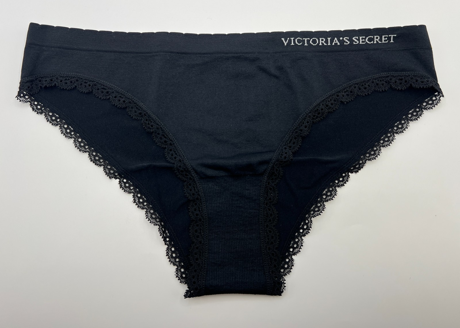 VICTORIA’S SECRET PANTIES SIZE LARGE L SOLID BLACK SILKY LACE CHEEKY VS LOGO NWT